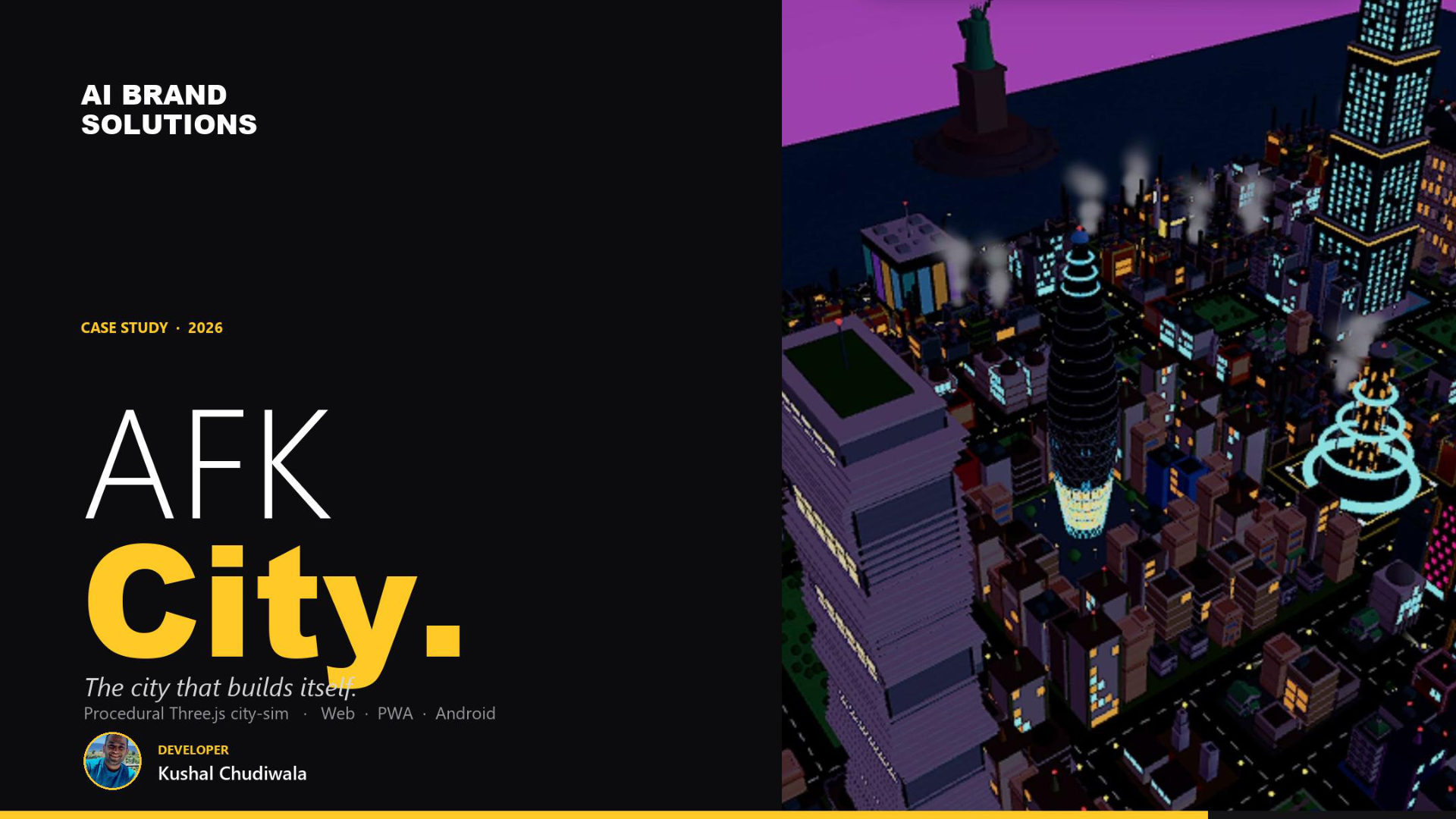 AFK City — free browser-native city-building simulation designed and built by AI Brand Solutions