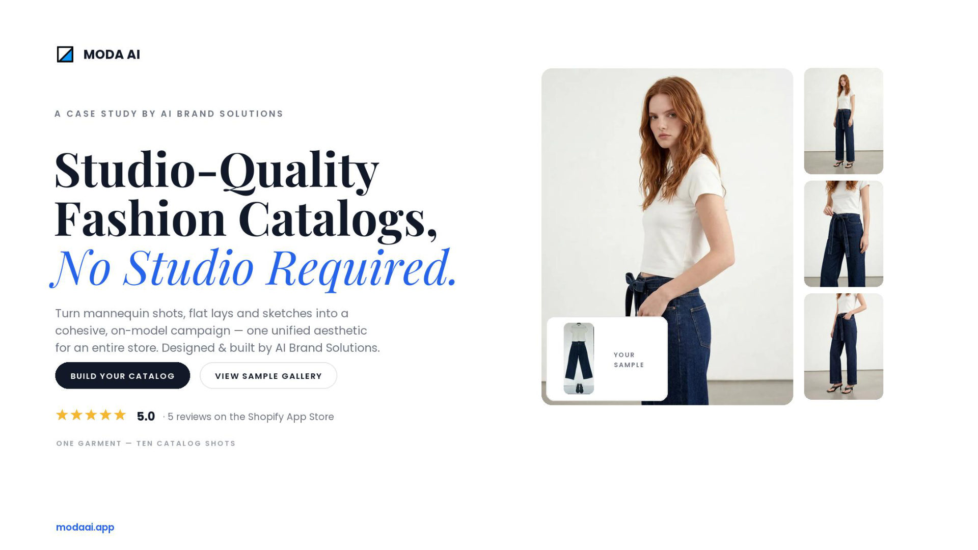 Moda AI — studio-quality fashion catalogs on Shopify, an AI Brand Solutions product rated 5.0