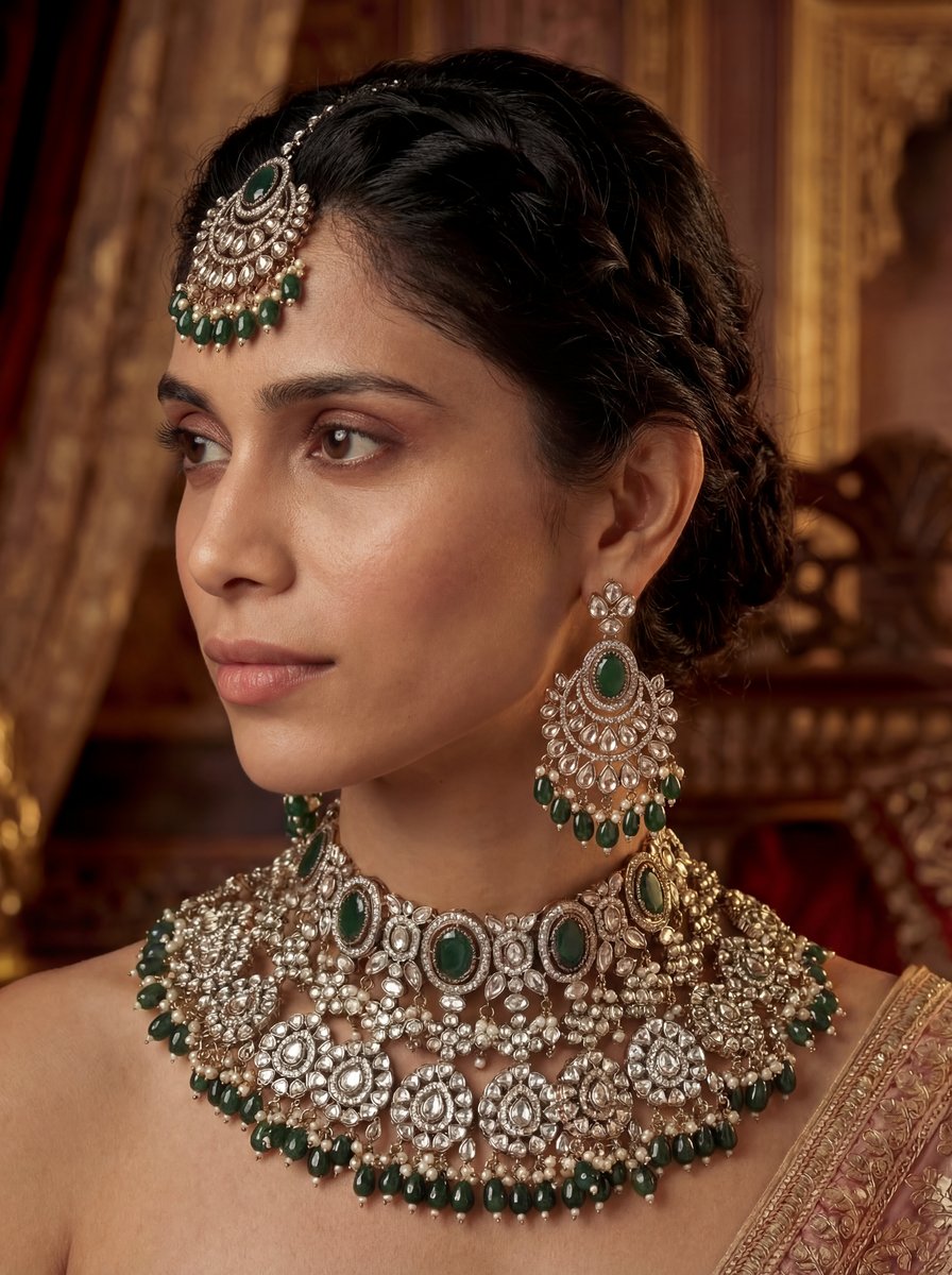 AI-generated bridal jewelry — emerald and kundan set with green stones