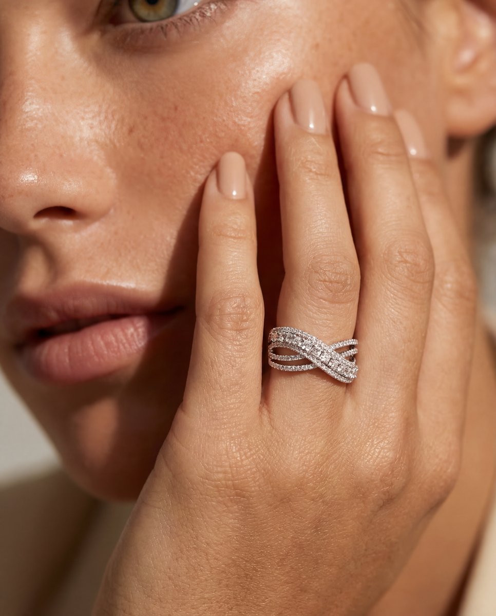 AI-generated jewelry macro — diamond infinity crossover ring close-up