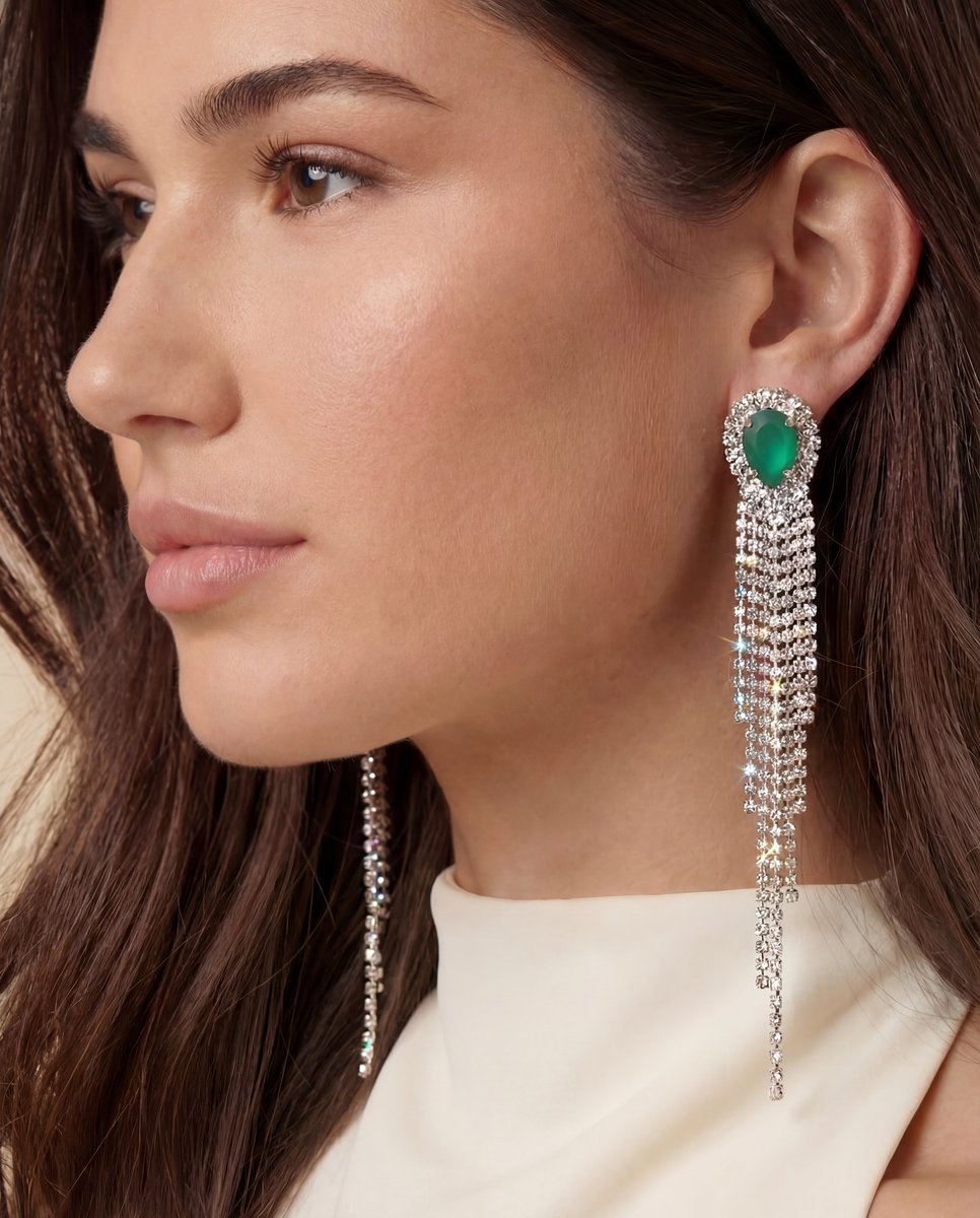 AI-generated earring detail — emerald crystal tassel earring alternate angle