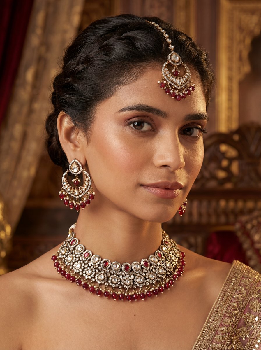 AI-generated bridal jewelry photography — ruby and kundan necklace set with earrings and maang tikka