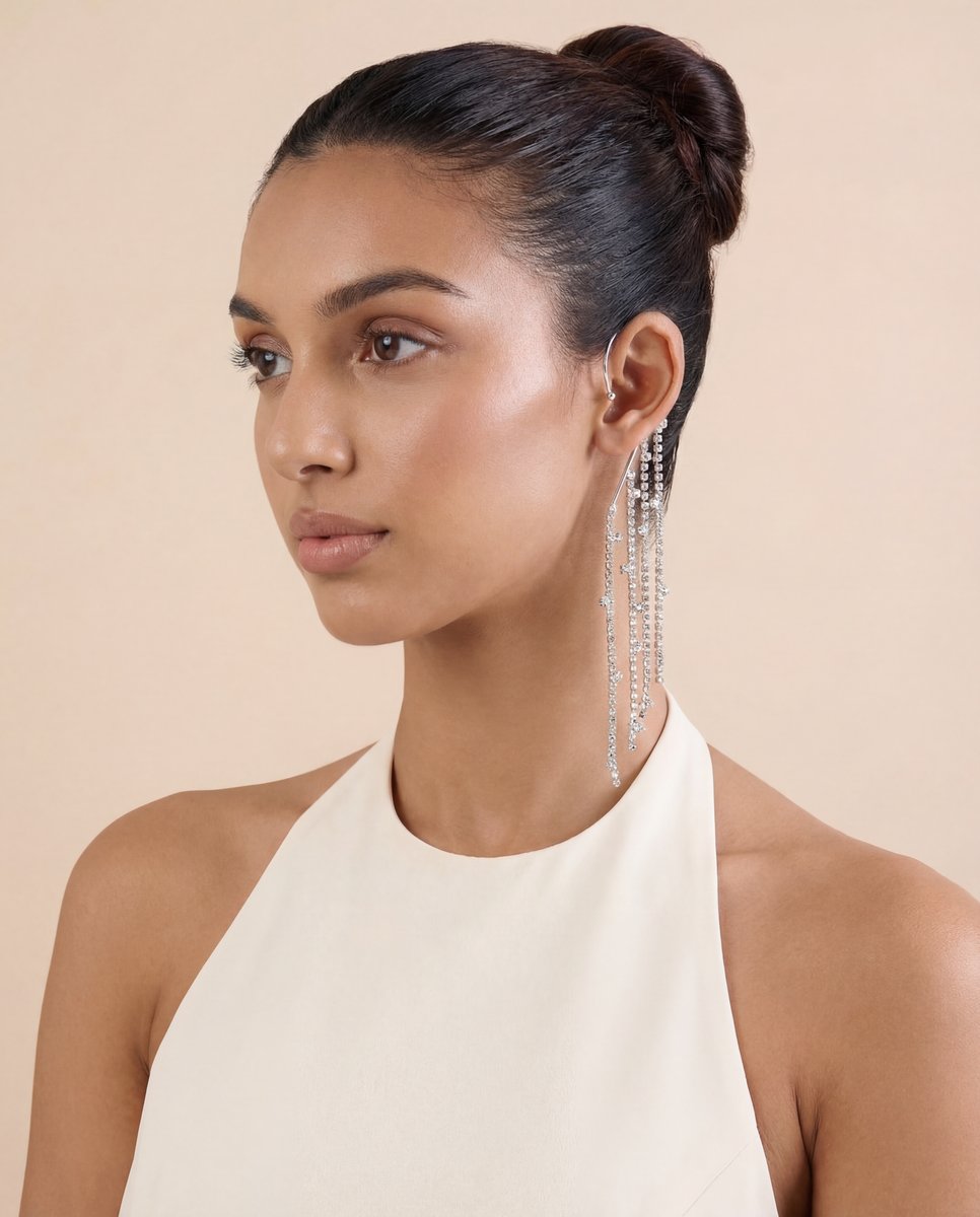 AI-generated jewelry styling — silver cascading crystal drop earrings with updo