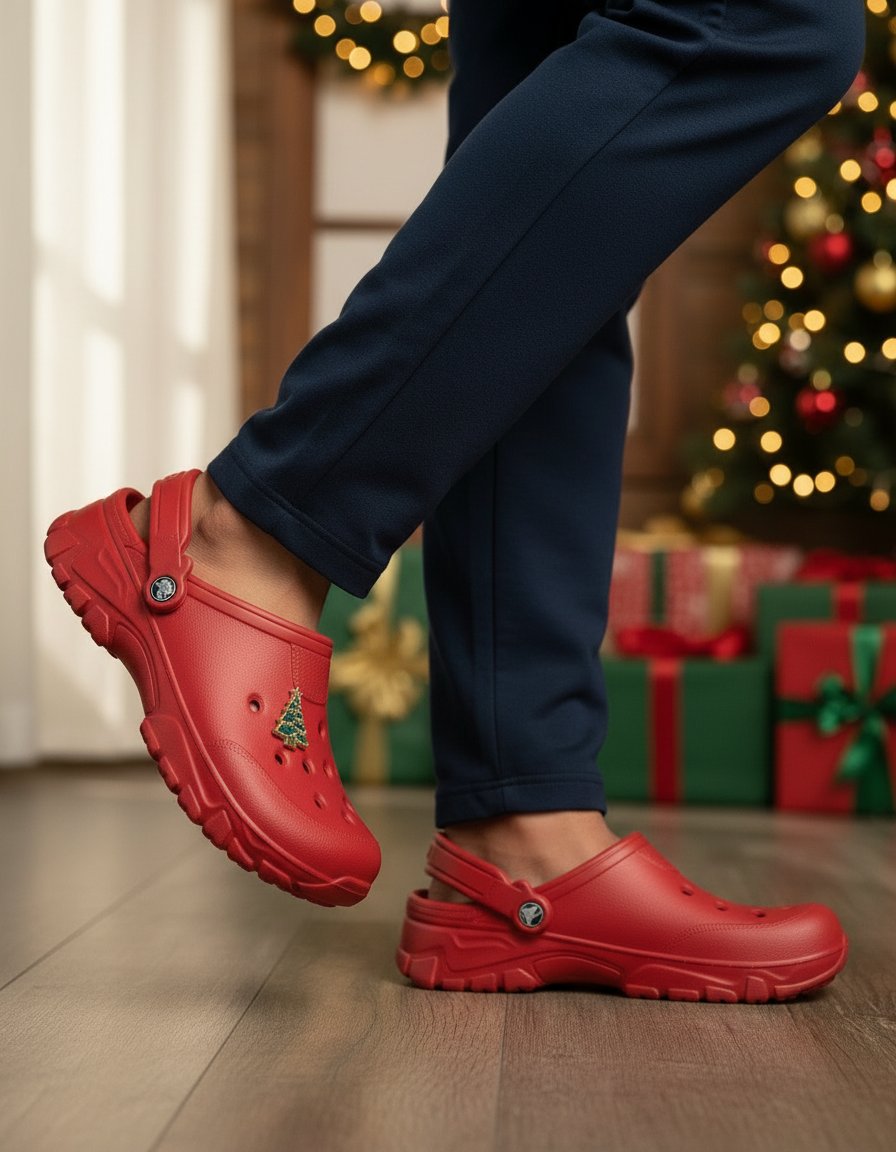 AI product photo — red holiday clogs with Christmas tree charm