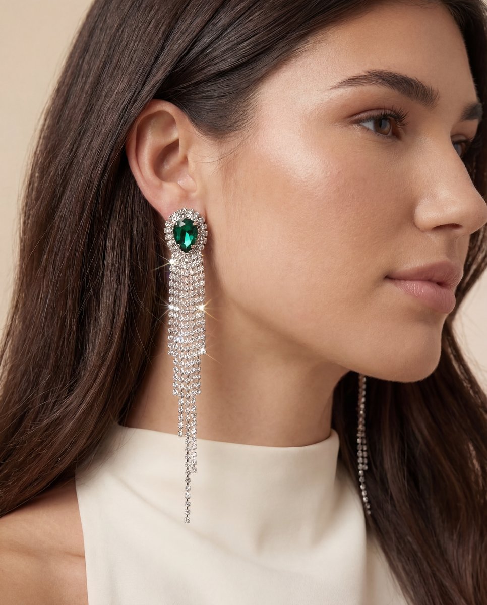 AI-generated jewelry close-up — emerald and crystal chandelier earring in profile