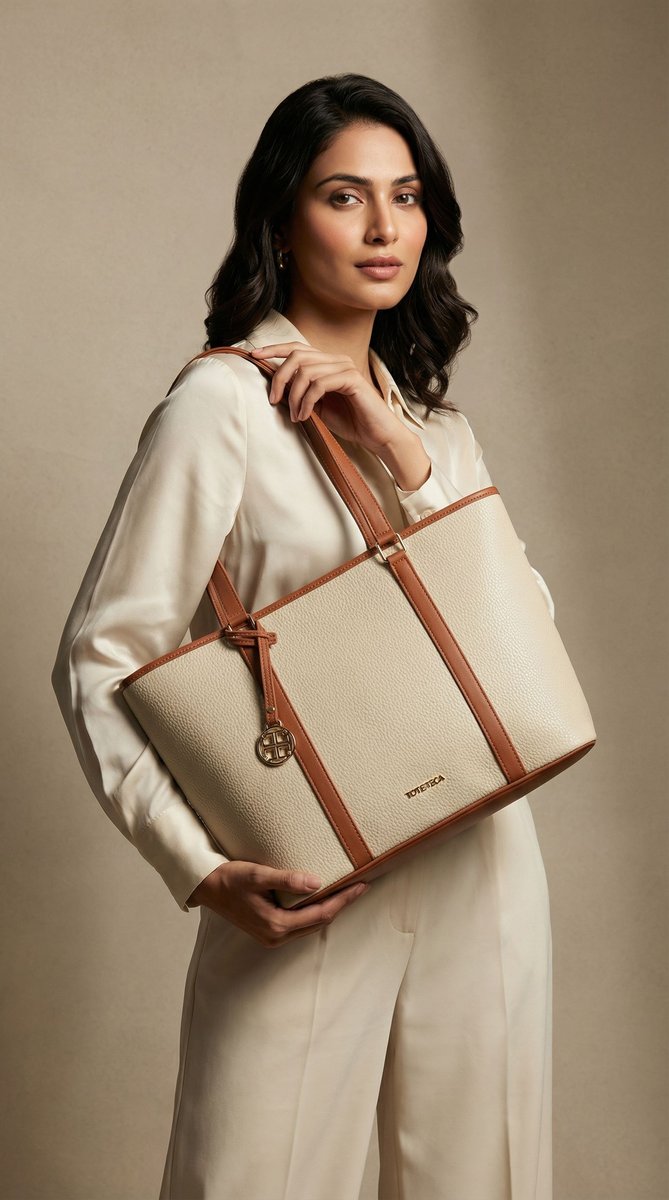 Product Studio PRO — cream and tan leather tote bag on model in white blazer