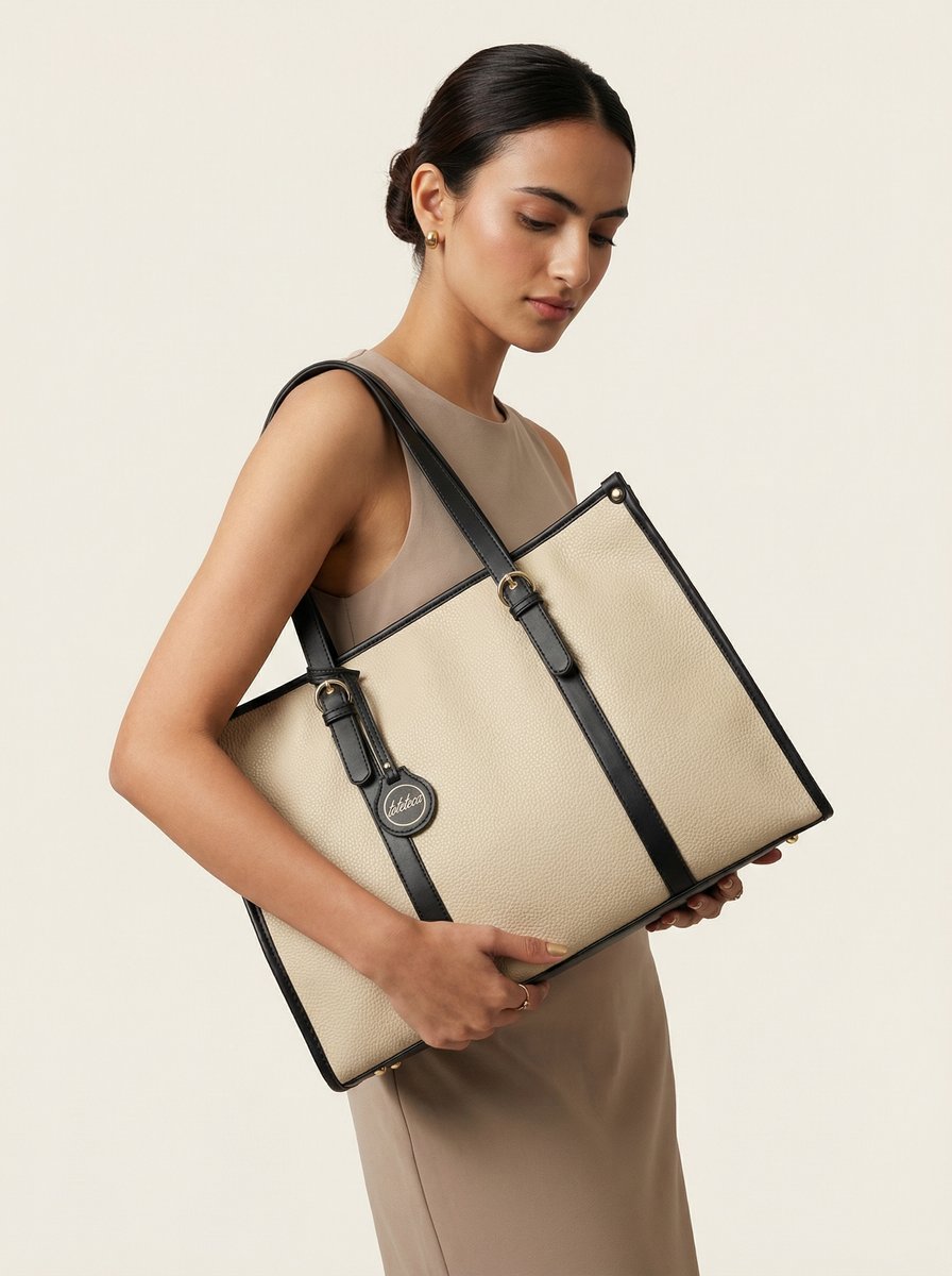 AI-generated accessories — cream and black leather tote bag with model in beige dress