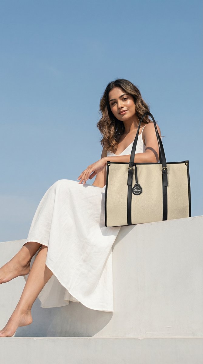 AI product photo — cream tote bag with black handles, lifestyle blue sky setting