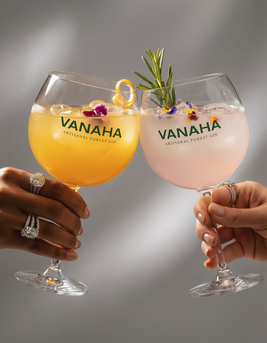 AI product photo — artisanal gin cocktails toast with orange and pink drinks