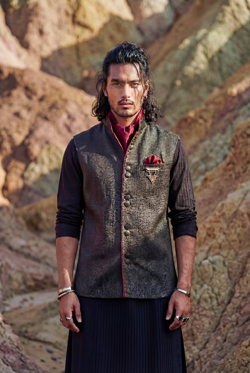 AI-generated men's fashion photo — dark metallic waistcoat with maroon shirt against colorful mountain rocks
