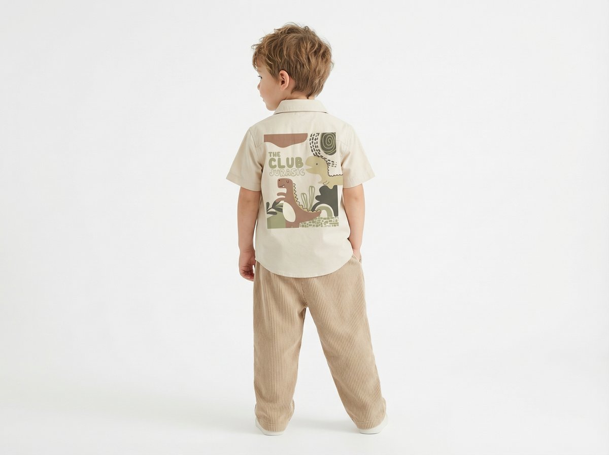 AI product photo — toddler in cream dinosaur-print shirt, back view