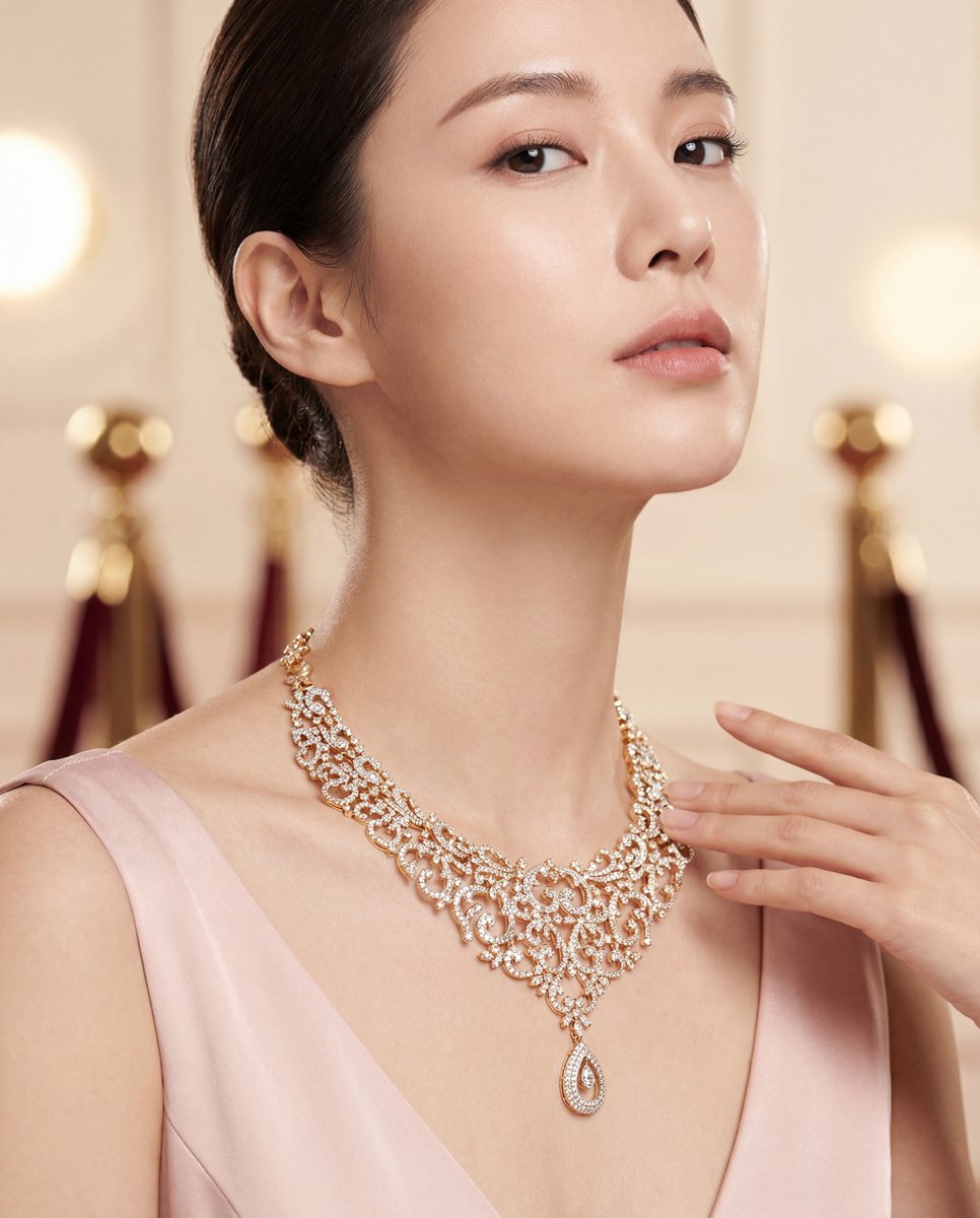 AI-generated jewelry photography — ornate gold filigree necklace with pink blouse