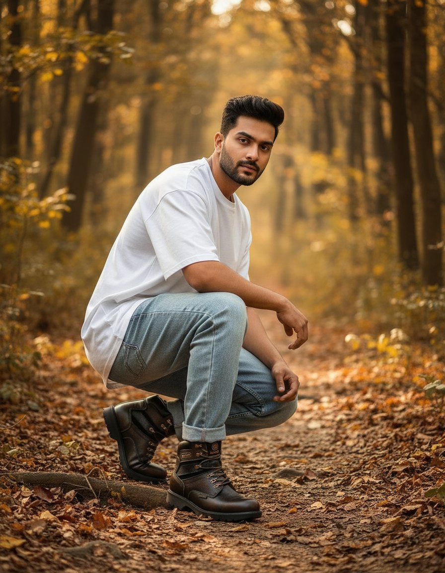 AI product photo — man on autumn forest path in white tee and leather boots